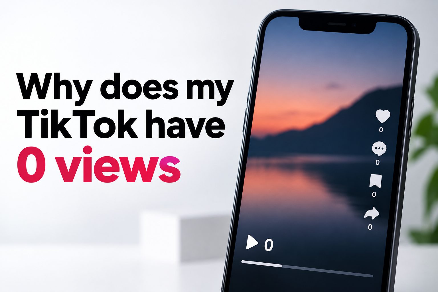 why-does-my-tiktok-have-0-views-e1778 Phone showing a TikTok video stuck at 0 views with a creator looking confused